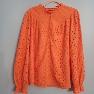 PrettyGarden Orange Eyelet Women's Blouse Long Sleeve Dressy Casual XL Tiny Flaw